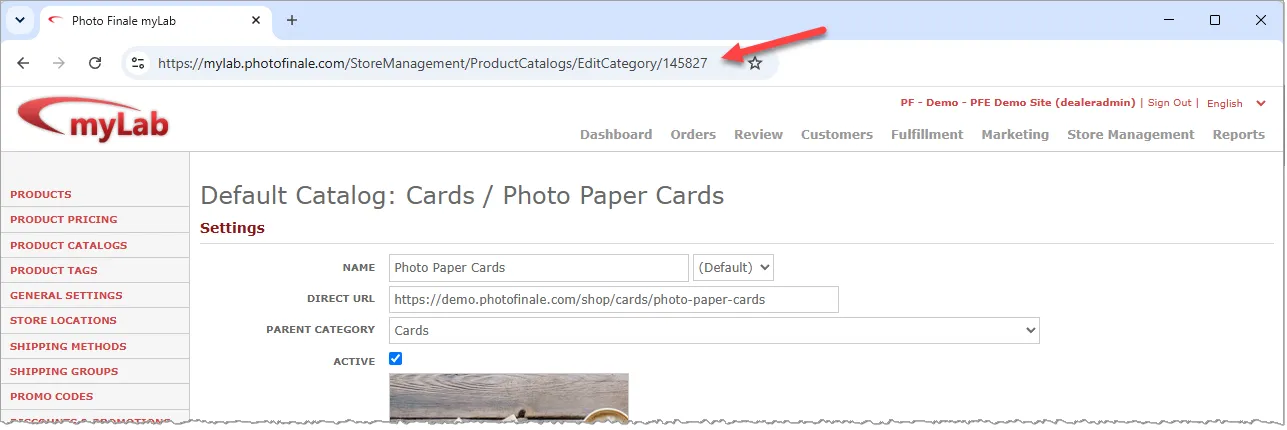 The myLab Edit Category page with the idCategory value highlighted at the end of the browser address bar