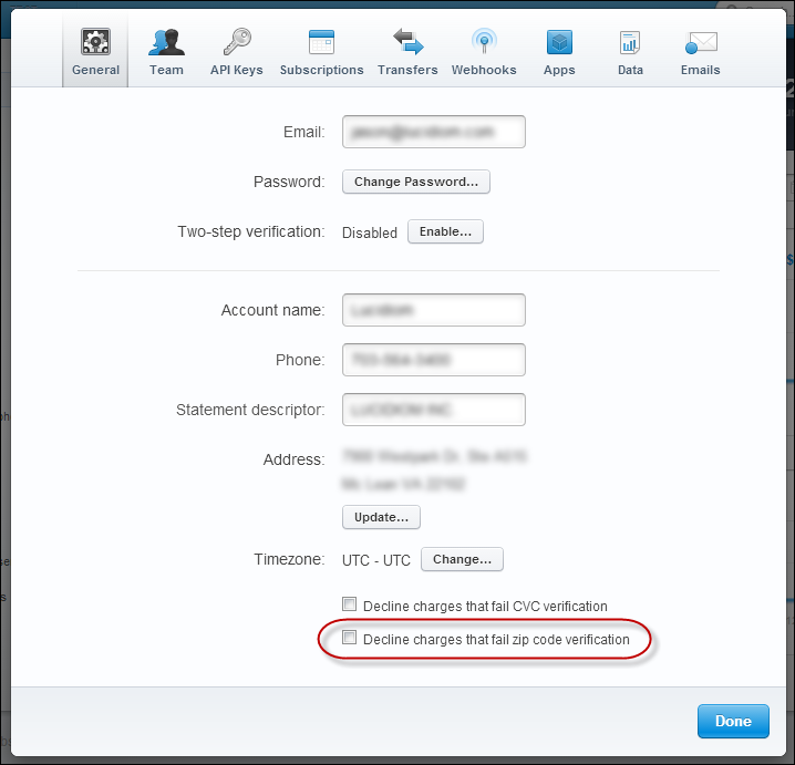 Disable AVS Stripe