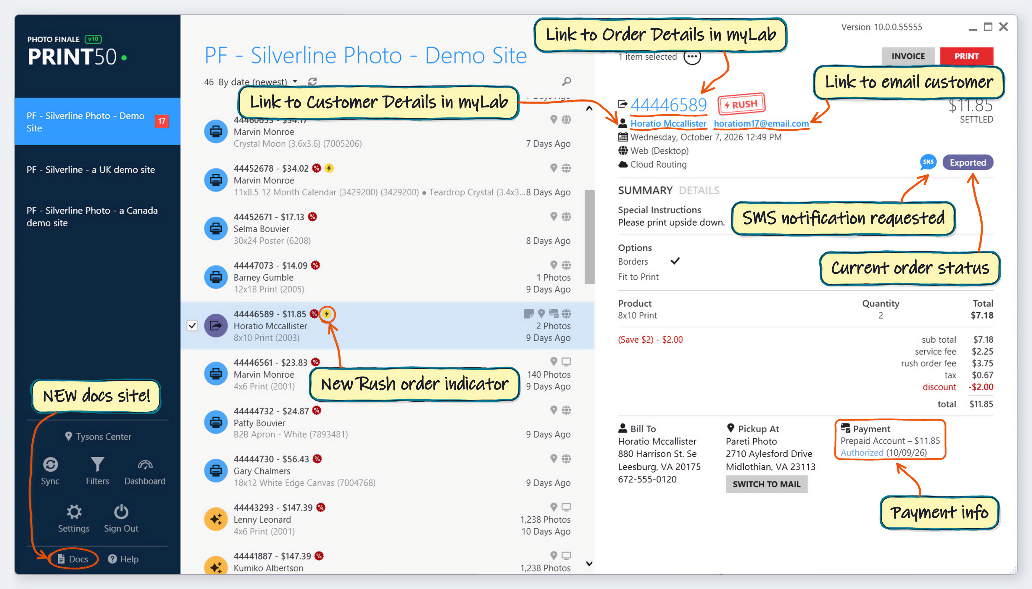 Print 50 v10.0 main window with new features annotated