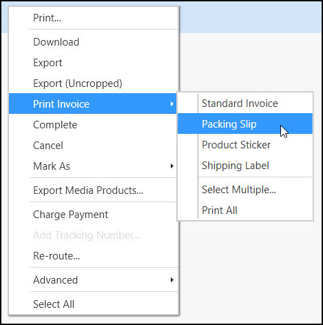 Print Invoice submenu in the order context menu