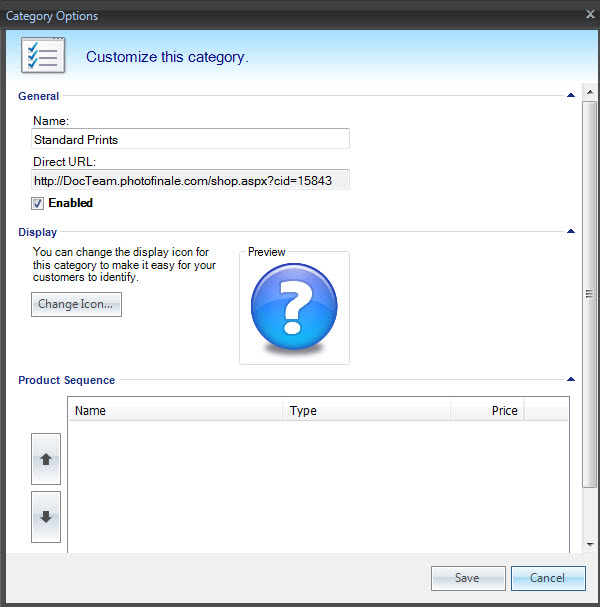 Category Options Window